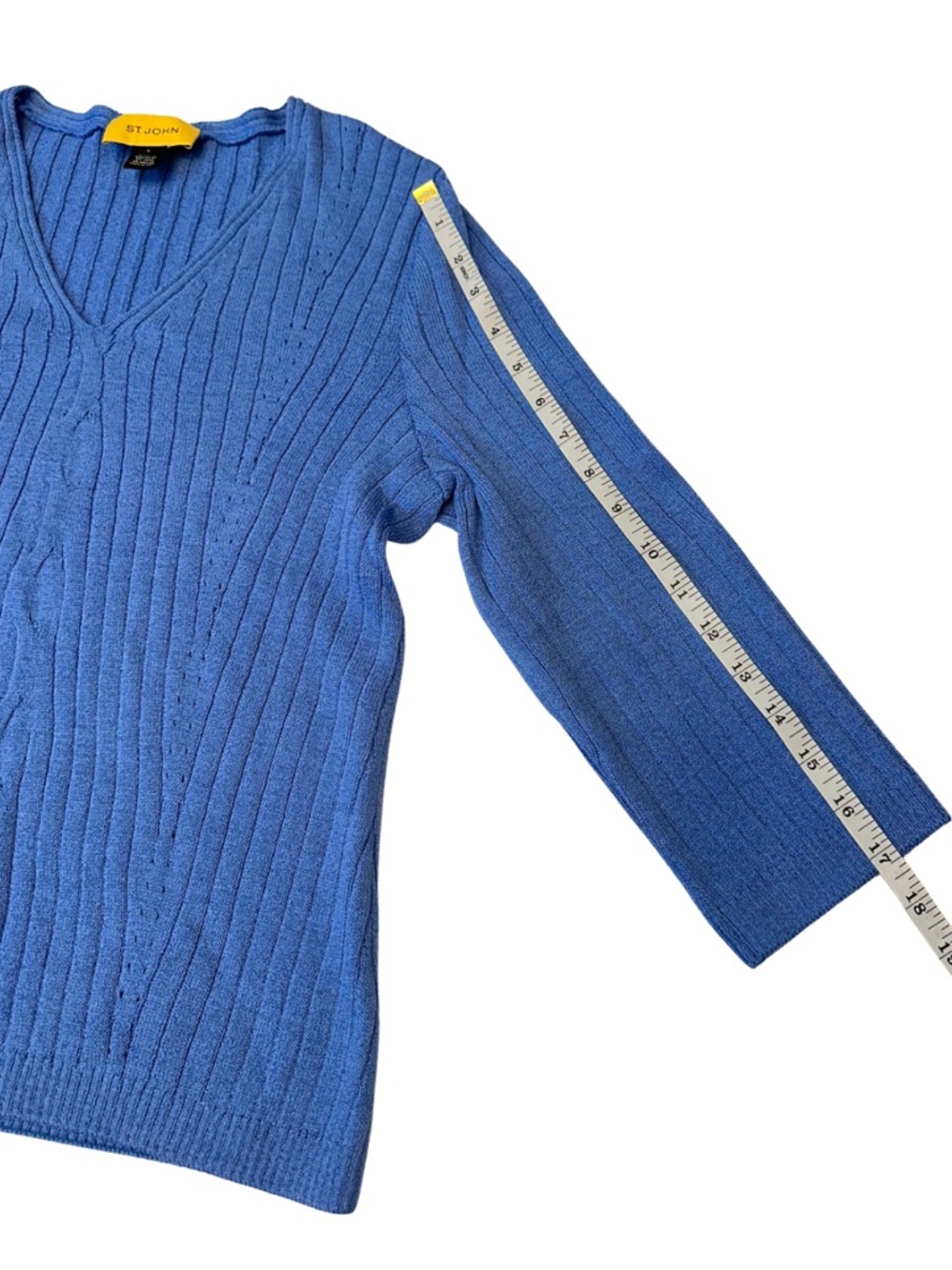St. John Collection Blue Santana Knit Style Ribbed V-Neck 3/4th Sleeve Sz S - Picture 14 of 14